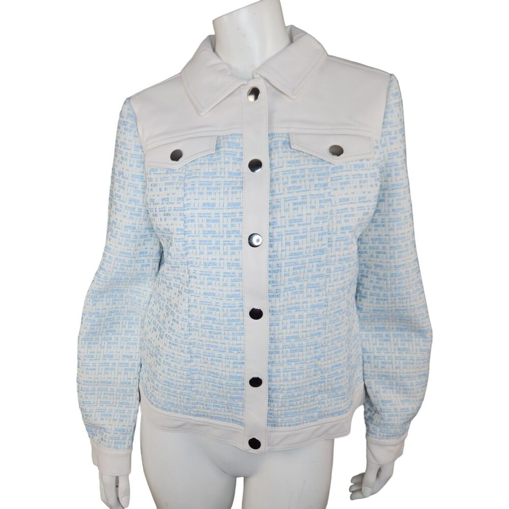 Dennis Basso Mixed Media Faux Leather‎ and Tweed Jacket Light Blue Size 2